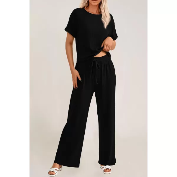 imagePRETTYGARDEN Womens Summer 2 Piece Knit Loungewear Short Sleeve T Shirts Wide Leg Pants Tracksuit Casual OutfitsBlack