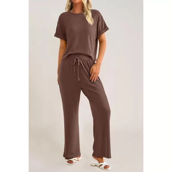 imagePRETTYGARDEN Womens Summer 2 Piece Knit Loungewear Short Sleeve T Shirts Wide Leg Pants Tracksuit Casual OutfitsCoffee