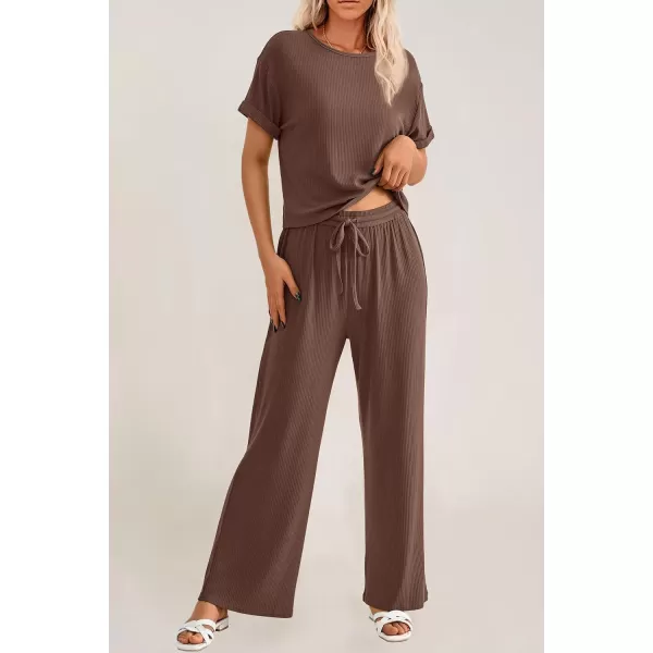 imagePRETTYGARDEN Womens Summer 2 Piece Knit Loungewear Short Sleeve T Shirts Wide Leg Pants Tracksuit Casual OutfitsCoffee
