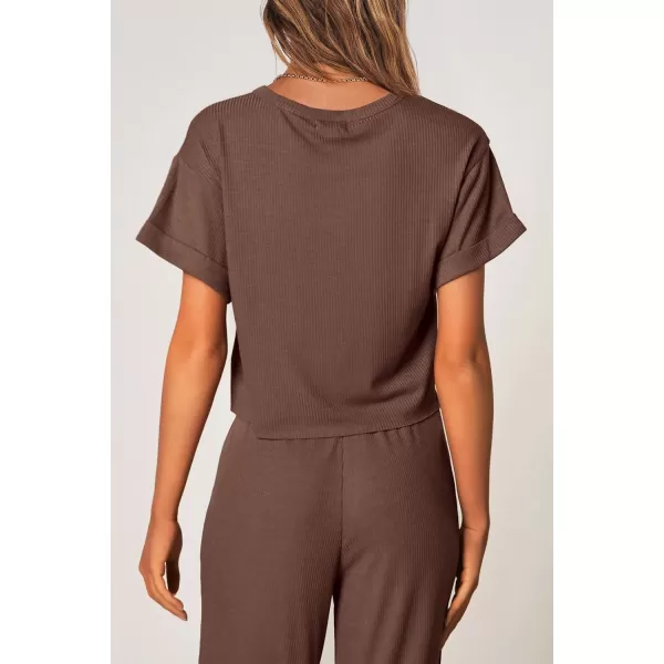 imagePRETTYGARDEN Womens Summer 2 Piece Knit Loungewear Short Sleeve T Shirts Wide Leg Pants Tracksuit Casual OutfitsCoffee