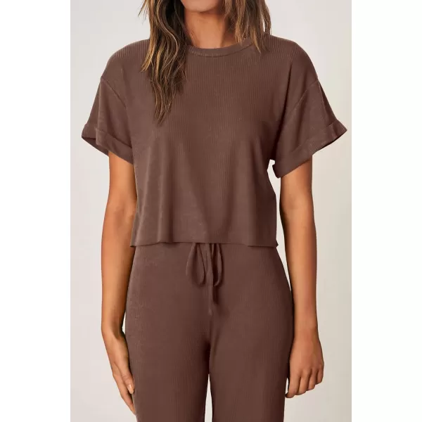imagePRETTYGARDEN Womens Summer 2 Piece Knit Loungewear Short Sleeve T Shirts Wide Leg Pants Tracksuit Casual OutfitsCoffee