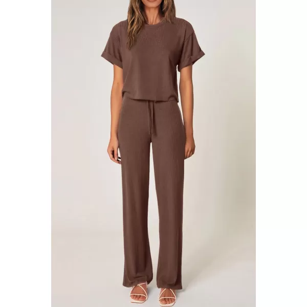 imagePRETTYGARDEN Womens Summer 2 Piece Knit Loungewear Short Sleeve T Shirts Wide Leg Pants Tracksuit Casual OutfitsCoffee