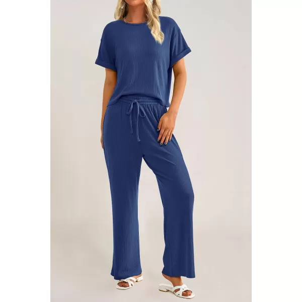imagePRETTYGARDEN Womens Summer 2 Piece Knit Loungewear Short Sleeve T Shirts Wide Leg Pants Tracksuit Casual OutfitsDark Blue