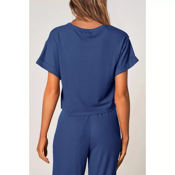 imagePRETTYGARDEN Womens Summer 2 Piece Knit Loungewear Short Sleeve T Shirts Wide Leg Pants Tracksuit Casual OutfitsDark Blue