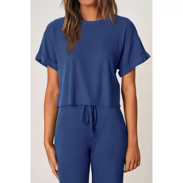 imagePRETTYGARDEN Womens Summer 2 Piece Knit Loungewear Short Sleeve T Shirts Wide Leg Pants Tracksuit Casual OutfitsDark Blue