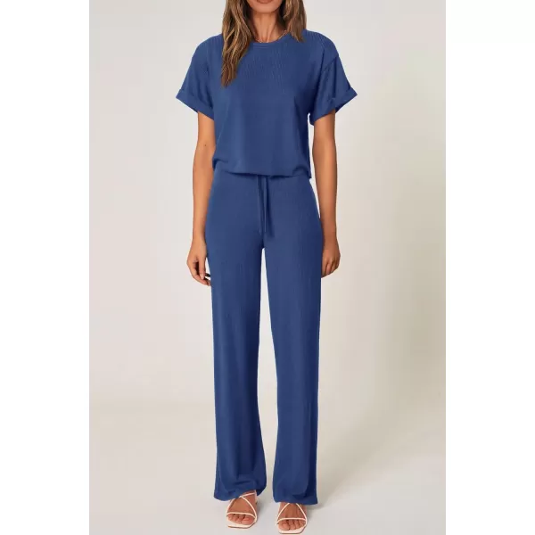 imagePRETTYGARDEN Womens Summer 2 Piece Knit Loungewear Short Sleeve T Shirts Wide Leg Pants Tracksuit Casual OutfitsDark Blue