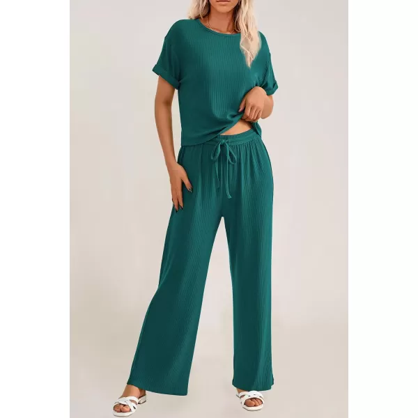 imagePRETTYGARDEN Womens Summer 2 Piece Knit Loungewear Short Sleeve T Shirts Wide Leg Pants Tracksuit Casual OutfitsGreen