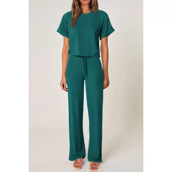 imagePRETTYGARDEN Womens Summer 2 Piece Knit Loungewear Short Sleeve T Shirts Wide Leg Pants Tracksuit Casual OutfitsGreen