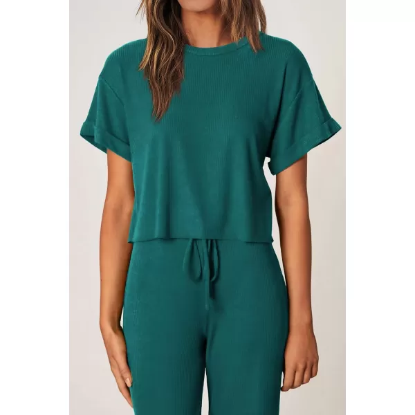 imagePRETTYGARDEN Womens Summer 2 Piece Knit Loungewear Short Sleeve T Shirts Wide Leg Pants Tracksuit Casual OutfitsGreen