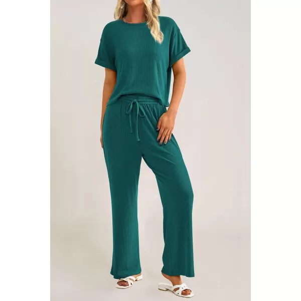 imagePRETTYGARDEN Womens Summer 2 Piece Knit Loungewear Short Sleeve T Shirts Wide Leg Pants Tracksuit Casual OutfitsGreen