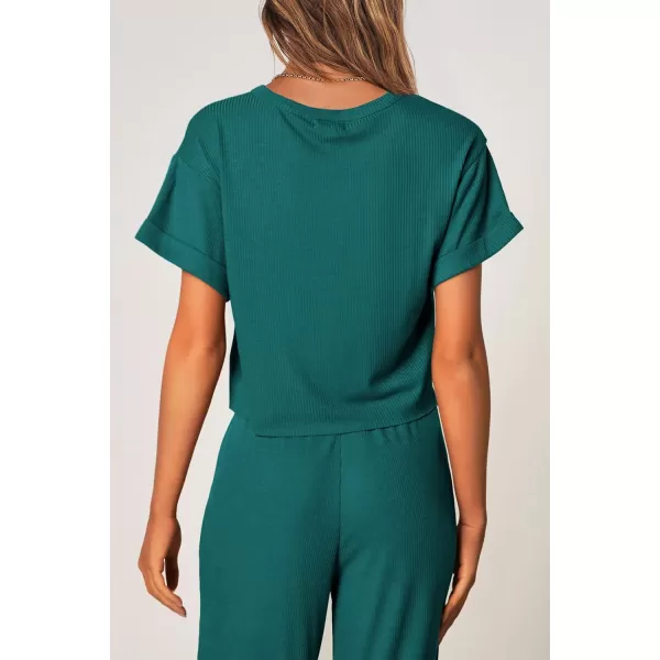 imagePRETTYGARDEN Womens Summer 2 Piece Knit Loungewear Short Sleeve T Shirts Wide Leg Pants Tracksuit Casual OutfitsGreen