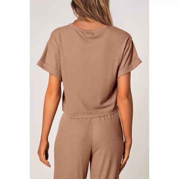 imagePRETTYGARDEN Womens Summer 2 Piece Knit Loungewear Short Sleeve T Shirts Wide Leg Pants Tracksuit Casual OutfitsKhaki