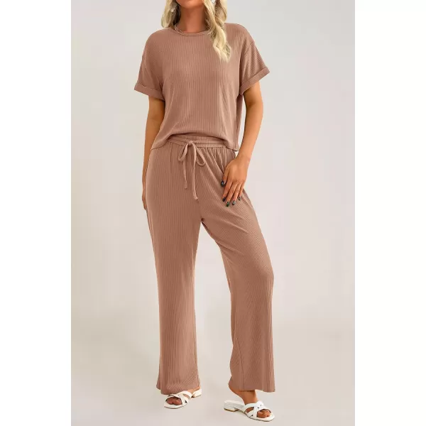 imagePRETTYGARDEN Womens Summer 2 Piece Knit Loungewear Short Sleeve T Shirts Wide Leg Pants Tracksuit Casual OutfitsKhaki