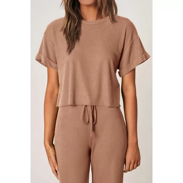 imagePRETTYGARDEN Womens Summer 2 Piece Knit Loungewear Short Sleeve T Shirts Wide Leg Pants Tracksuit Casual OutfitsKhaki