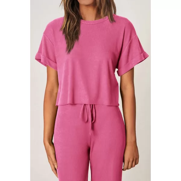 imagePRETTYGARDEN Womens Summer 2 Piece Knit Loungewear Short Sleeve T Shirts Wide Leg Pants Tracksuit Casual OutfitsPink