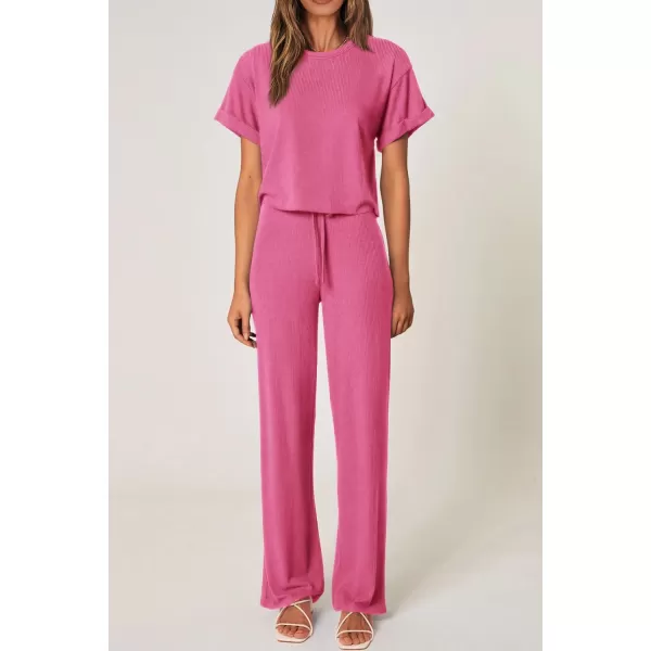 imagePRETTYGARDEN Womens Summer 2 Piece Knit Loungewear Short Sleeve T Shirts Wide Leg Pants Tracksuit Casual OutfitsPink