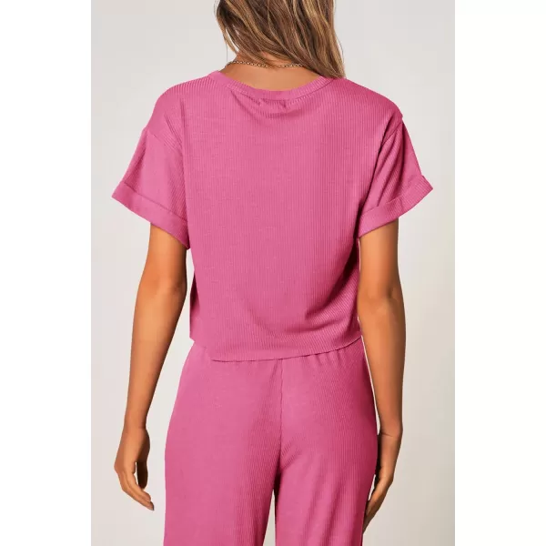 imagePRETTYGARDEN Womens Summer 2 Piece Knit Loungewear Short Sleeve T Shirts Wide Leg Pants Tracksuit Casual OutfitsPink