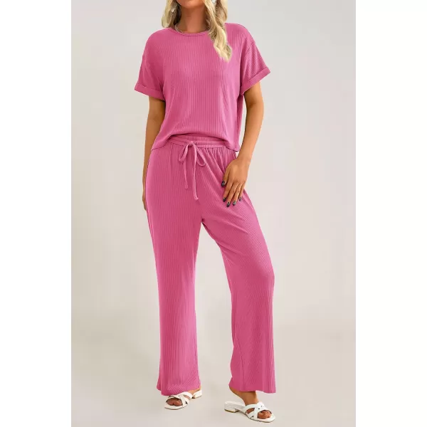 imagePRETTYGARDEN Womens Summer 2 Piece Knit Loungewear Short Sleeve T Shirts Wide Leg Pants Tracksuit Casual OutfitsPink