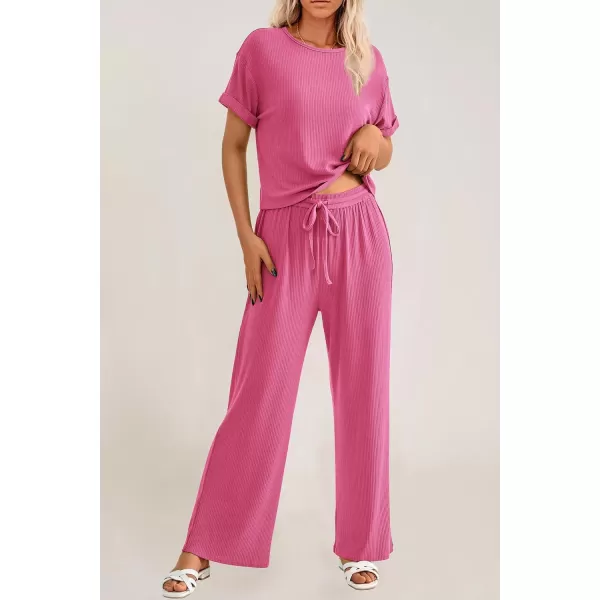 imagePRETTYGARDEN Womens Summer 2 Piece Knit Loungewear Short Sleeve T Shirts Wide Leg Pants Tracksuit Casual OutfitsPink