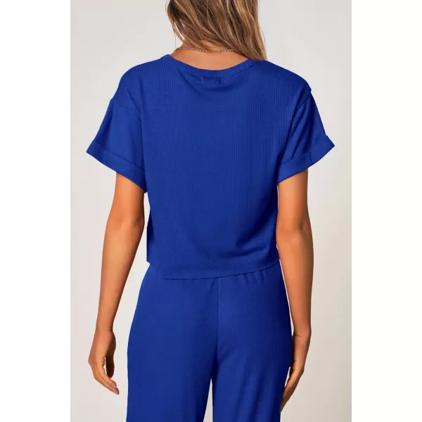 imagePRETTYGARDEN Womens Summer 2 Piece Knit Loungewear Short Sleeve T Shirts Wide Leg Pants Tracksuit Casual OutfitsRoyal Blue