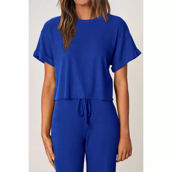 imagePRETTYGARDEN Womens Summer 2 Piece Knit Loungewear Short Sleeve T Shirts Wide Leg Pants Tracksuit Casual OutfitsRoyal Blue