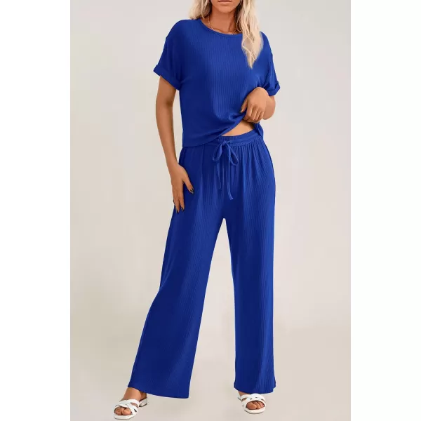 imagePRETTYGARDEN Womens Summer 2 Piece Knit Loungewear Short Sleeve T Shirts Wide Leg Pants Tracksuit Casual OutfitsRoyal Blue