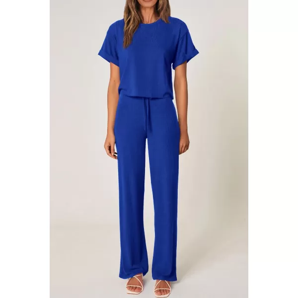 imagePRETTYGARDEN Womens Summer 2 Piece Knit Loungewear Short Sleeve T Shirts Wide Leg Pants Tracksuit Casual OutfitsRoyal Blue