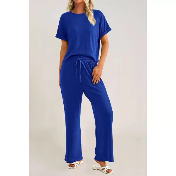 imagePRETTYGARDEN Womens Summer 2 Piece Knit Loungewear Short Sleeve T Shirts Wide Leg Pants Tracksuit Casual OutfitsRoyal Blue