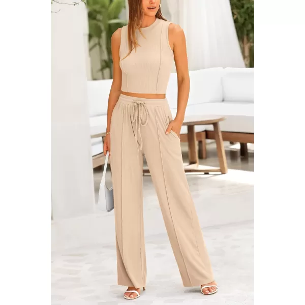 imagePRETTYGARDEN Womens Summer 2 Piece Loungewear Set Cropped Tank Top Wide Leg Sweatpants Tracksuit Casual OutfitsApricot