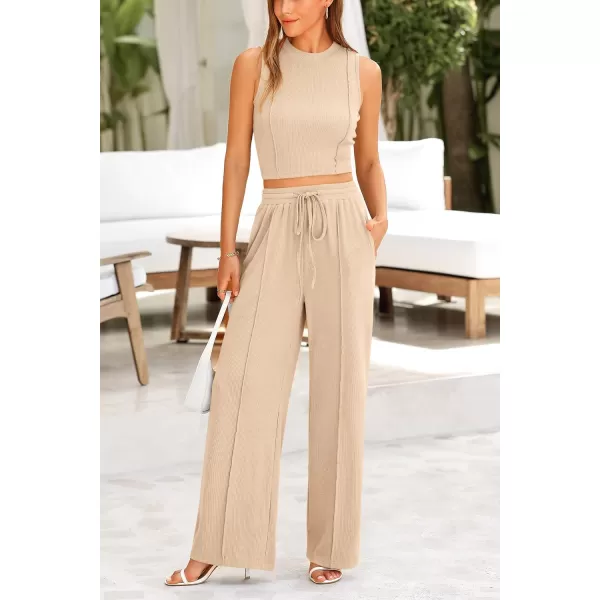 imagePRETTYGARDEN Womens Summer 2 Piece Loungewear Set Cropped Tank Top Wide Leg Sweatpants Tracksuit Casual OutfitsApricot