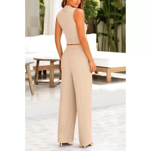 imagePRETTYGARDEN Womens Summer 2 Piece Loungewear Set Cropped Tank Top Wide Leg Sweatpants Tracksuit Casual OutfitsApricot