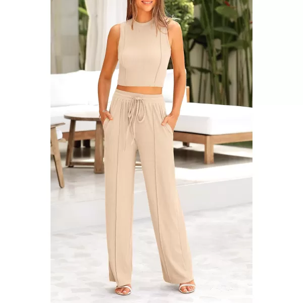 imagePRETTYGARDEN Womens Summer 2 Piece Loungewear Set Cropped Tank Top Wide Leg Sweatpants Tracksuit Casual OutfitsApricot