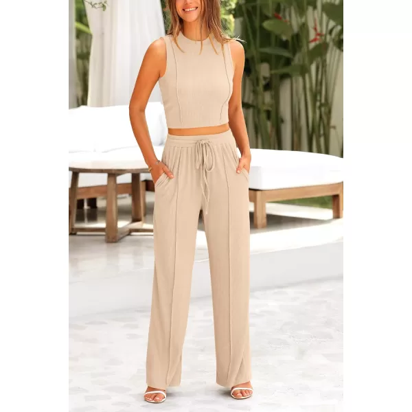 imagePRETTYGARDEN Womens Summer 2 Piece Loungewear Set Cropped Tank Top Wide Leg Sweatpants Tracksuit Casual OutfitsApricot