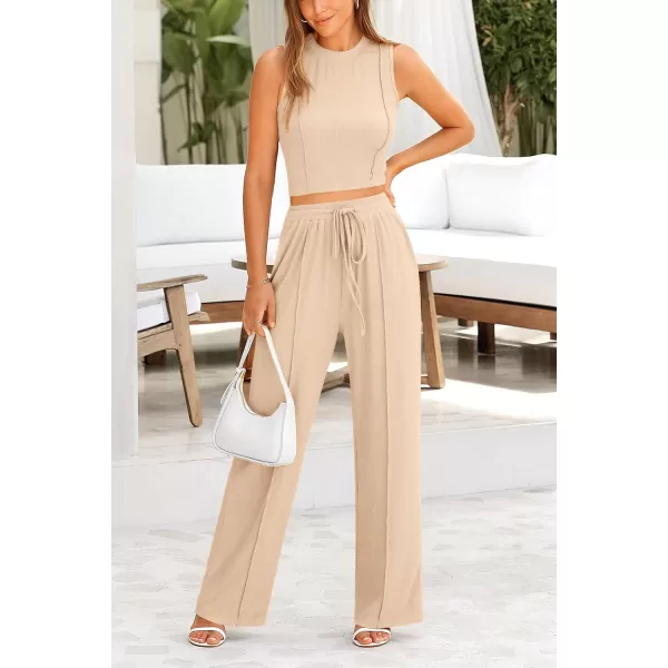 imagePRETTYGARDEN Womens Summer 2 Piece Loungewear Set Cropped Tank Top Wide Leg Sweatpants Tracksuit Casual OutfitsApricot