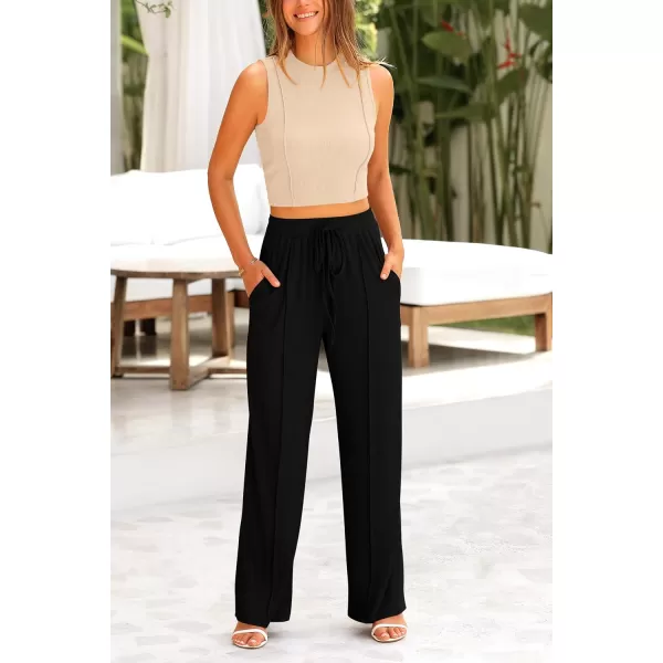 imagePRETTYGARDEN Womens Summer 2 Piece Loungewear Set Cropped Tank Top Wide Leg Sweatpants Tracksuit Casual OutfitsApricot Black