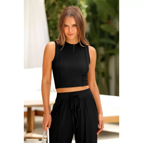 imagePRETTYGARDEN Womens Summer 2 Piece Loungewear Set Cropped Tank Top Wide Leg Sweatpants Tracksuit Casual OutfitsBlack