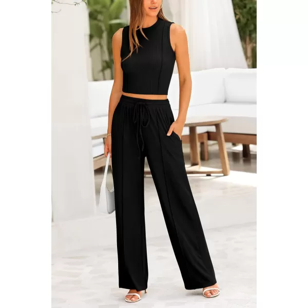 imagePRETTYGARDEN Womens Summer 2 Piece Loungewear Set Cropped Tank Top Wide Leg Sweatpants Tracksuit Casual OutfitsBlack