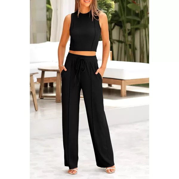 imagePRETTYGARDEN Womens Summer 2 Piece Loungewear Set Cropped Tank Top Wide Leg Sweatpants Tracksuit Casual OutfitsBlack