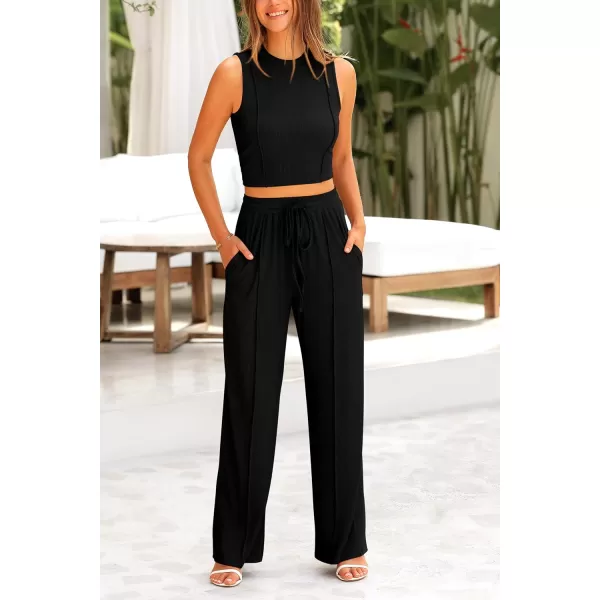 imagePRETTYGARDEN Womens Summer 2 Piece Loungewear Set Cropped Tank Top Wide Leg Sweatpants Tracksuit Casual OutfitsBlack