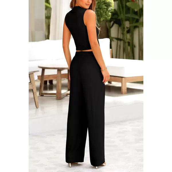 imagePRETTYGARDEN Womens Summer 2 Piece Loungewear Set Cropped Tank Top Wide Leg Sweatpants Tracksuit Casual OutfitsBlack