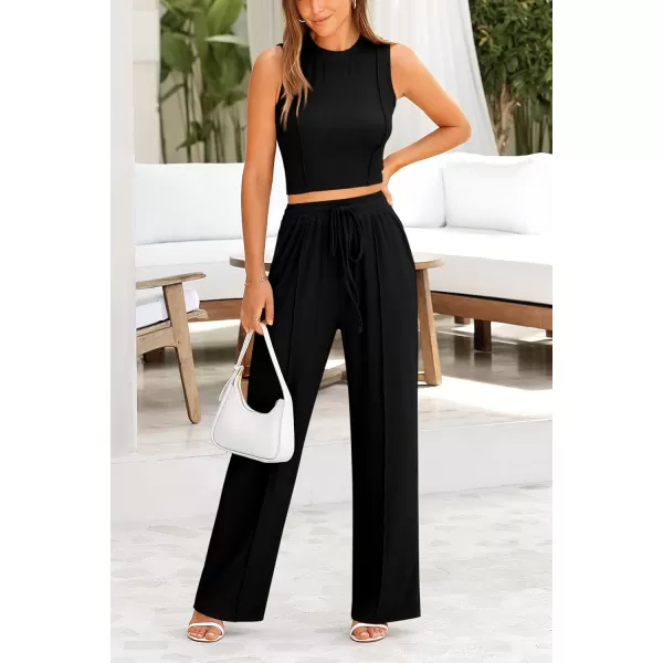 imagePRETTYGARDEN Womens Summer 2 Piece Loungewear Set Cropped Tank Top Wide Leg Sweatpants Tracksuit Casual OutfitsBlack