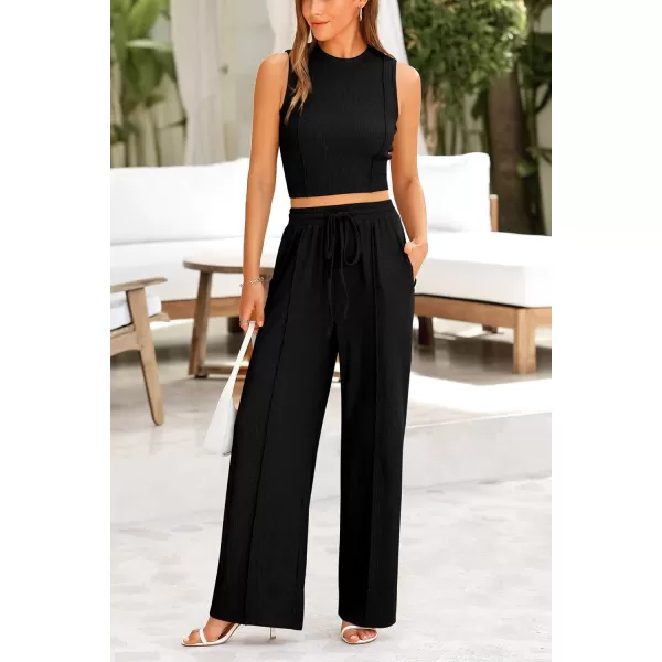 imagePRETTYGARDEN Womens Summer 2 Piece Loungewear Set Cropped Tank Top Wide Leg Sweatpants Tracksuit Casual OutfitsBlack