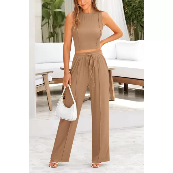 imagePRETTYGARDEN Womens Summer 2 Piece Loungewear Set Cropped Tank Top Wide Leg Sweatpants Tracksuit Casual OutfitsCamel