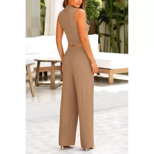 imagePRETTYGARDEN Womens Summer 2 Piece Loungewear Set Cropped Tank Top Wide Leg Sweatpants Tracksuit Casual OutfitsCamel