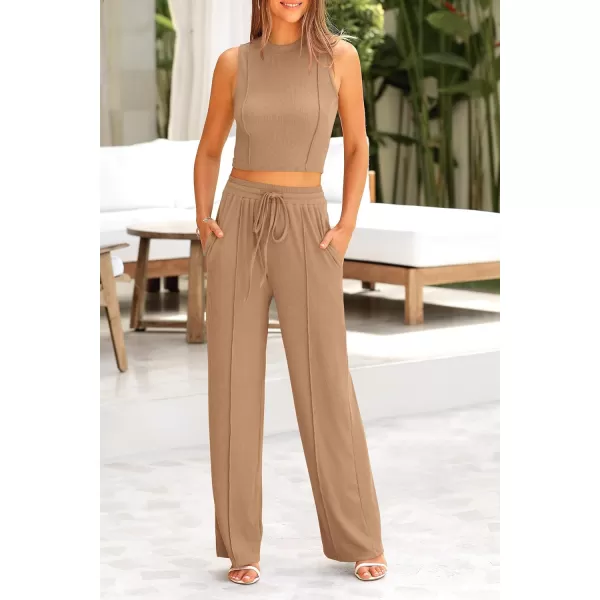 imagePRETTYGARDEN Womens Summer 2 Piece Loungewear Set Cropped Tank Top Wide Leg Sweatpants Tracksuit Casual OutfitsCamel