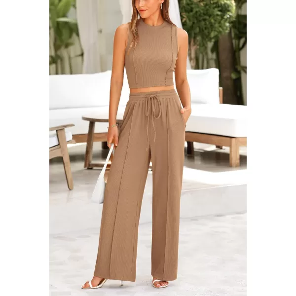 imagePRETTYGARDEN Womens Summer 2 Piece Loungewear Set Cropped Tank Top Wide Leg Sweatpants Tracksuit Casual OutfitsCamel