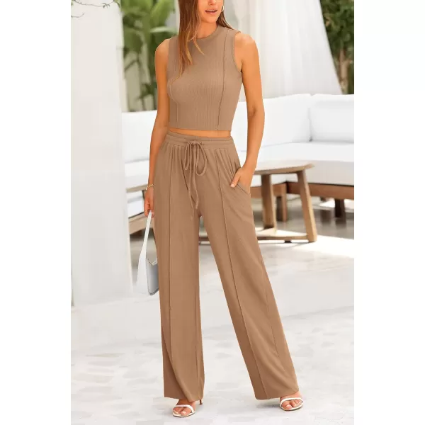 imagePRETTYGARDEN Womens Summer 2 Piece Loungewear Set Cropped Tank Top Wide Leg Sweatpants Tracksuit Casual OutfitsCamel