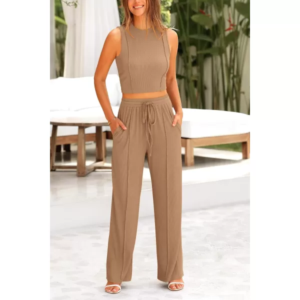 imagePRETTYGARDEN Womens Summer 2 Piece Loungewear Set Cropped Tank Top Wide Leg Sweatpants Tracksuit Casual OutfitsCamel