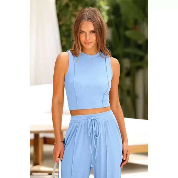 imagePRETTYGARDEN Womens Summer 2 Piece Loungewear Set Cropped Tank Top Wide Leg Sweatpants Tracksuit Casual OutfitsLight Blue