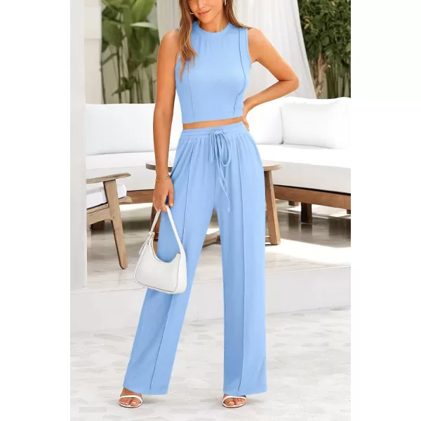 imagePRETTYGARDEN Womens Summer 2 Piece Loungewear Set Cropped Tank Top Wide Leg Sweatpants Tracksuit Casual OutfitsLight Blue